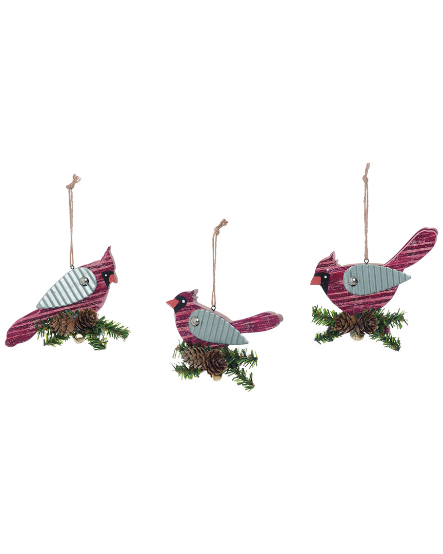Transpac Set Of 3 Wood Red Christmas Cardinal Ornaments