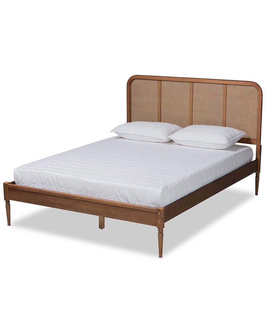 Baxton Studio Elston Mid-century Modern Walnut Brown Finished Wood & Synthetic Rattan King Size Plat In Brown