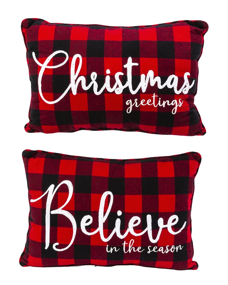 Gerson International Set Of 2 20-in L Fabric Embroidered Holiday Design Buffalo Plaid Fabric Pillows In Red
