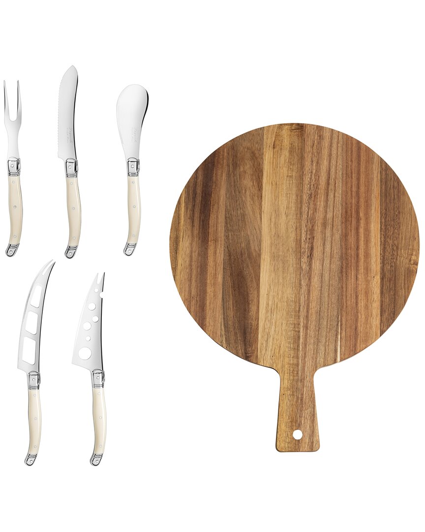 French Home Laguiole 6pc Artisan Cheese Knife Set & Round Wood Board In White