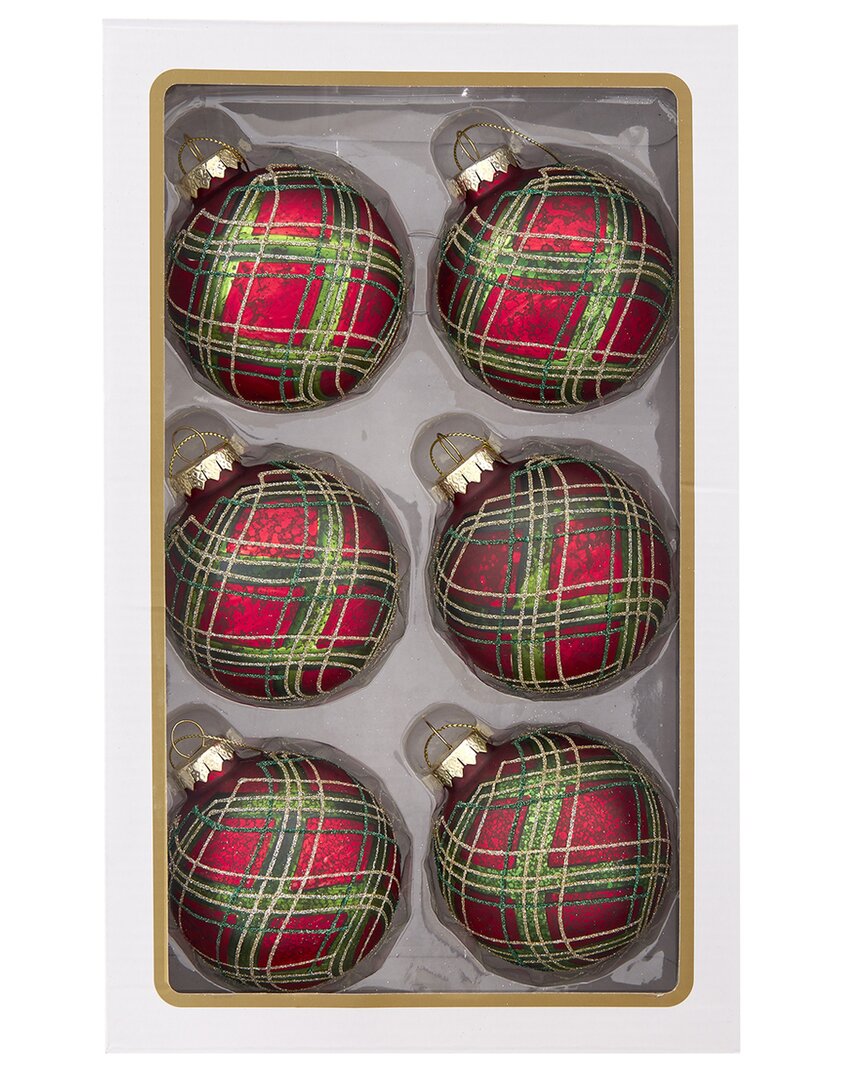 Kurt Adler 80mm Glass Matte Red With Green & Gold Glitter Ball Ornaments In Multi