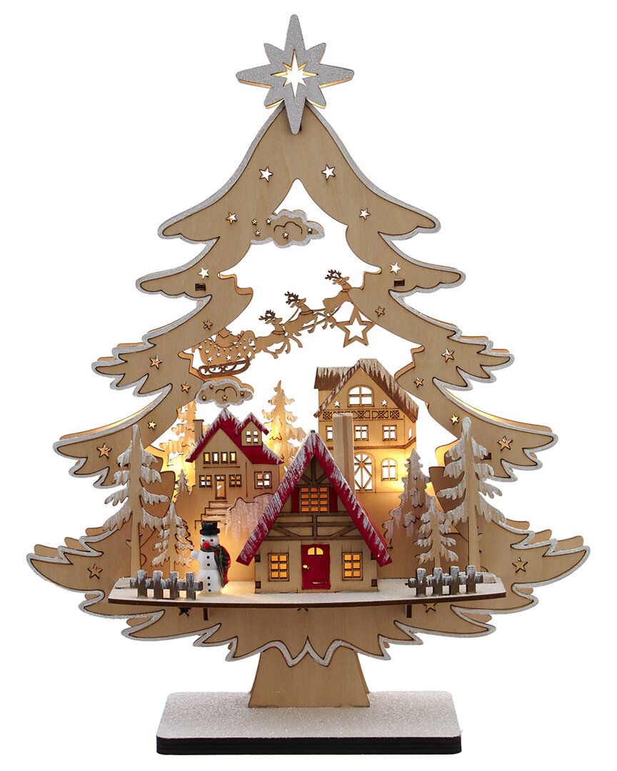 Kurt Adler 15-inch Battery Operated 10-light Tree With Village Scene In Gold