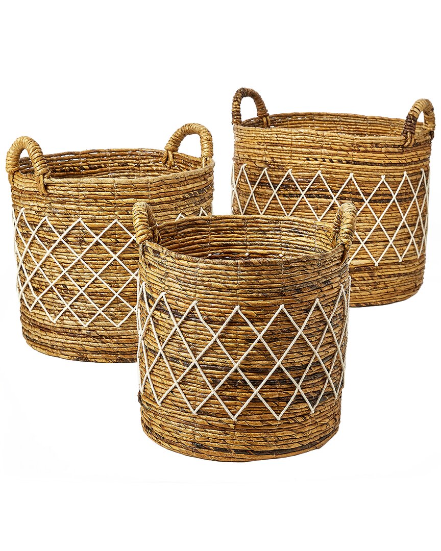 Baum Set Of 3 Round Open Banana Baskets With Ear Handles And Outside Pattern Like Image In Brown