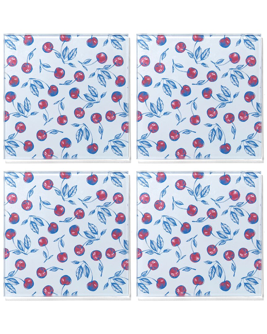 American Atelier Bing Cherries Set Of 4 Glass Coasters In Blue