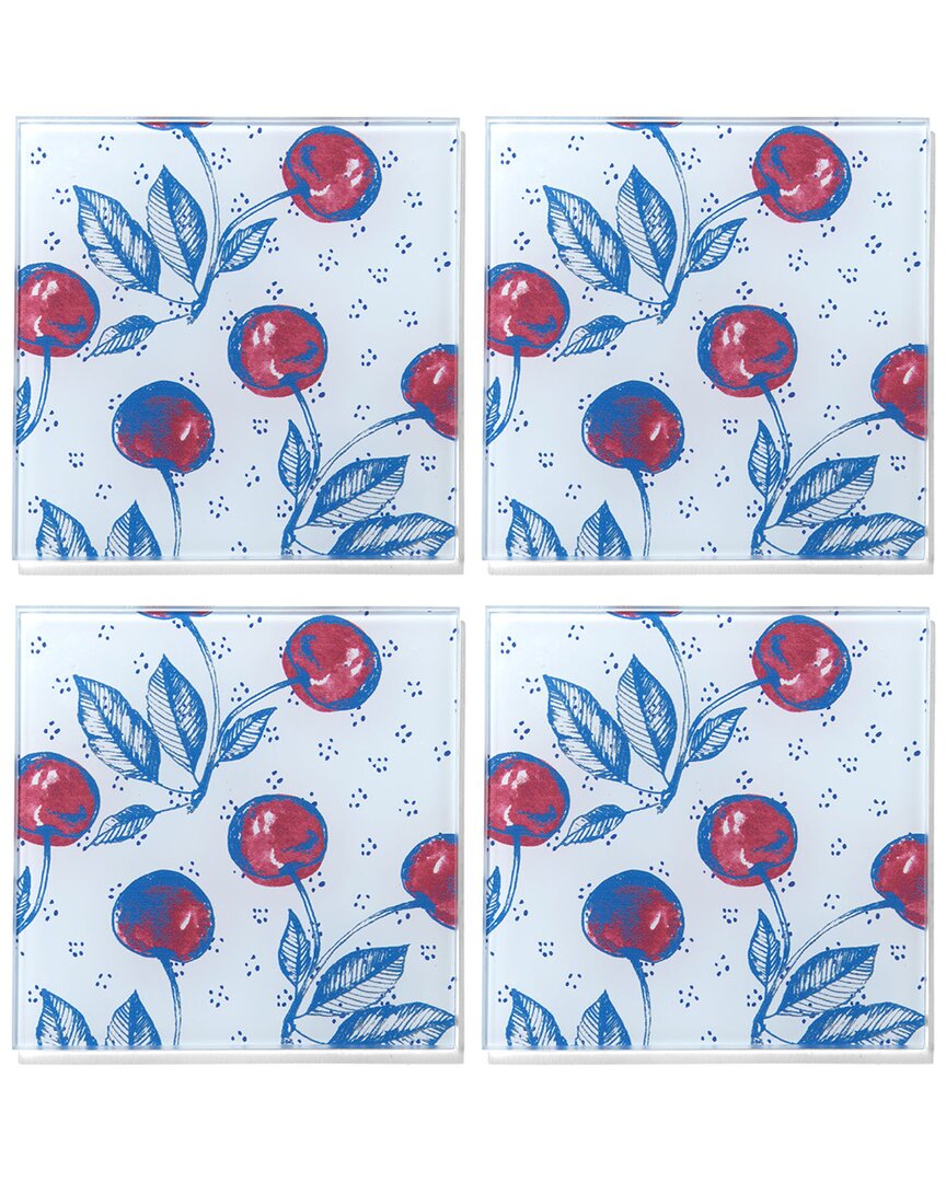 American Atelier Cherry Picking Set Of 4 Glass Coasters In Blue