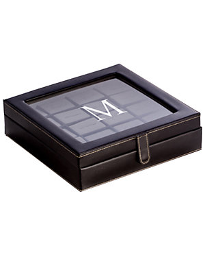 Bey-Berk Monogrammed Black Leather 20 Cufflink Box, (A-Z)