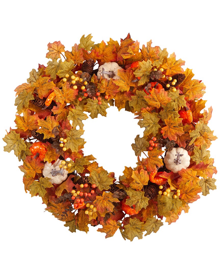 Nearly Natural 30in. Autumn Pumpkin & Maple Leaf Artificial Fall Wreath In Orange