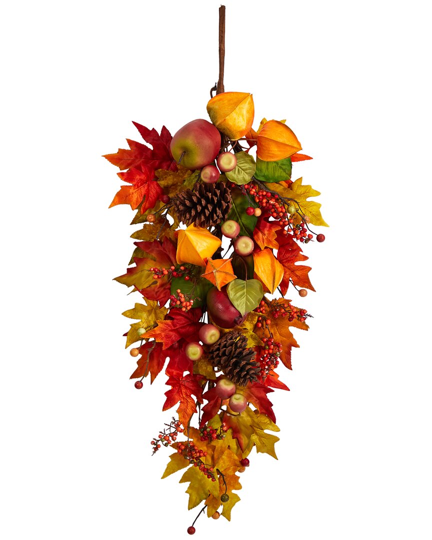 Nearly Natural 35" Autumn Maple Leaf And Berries Fall Teardrop In Multi
