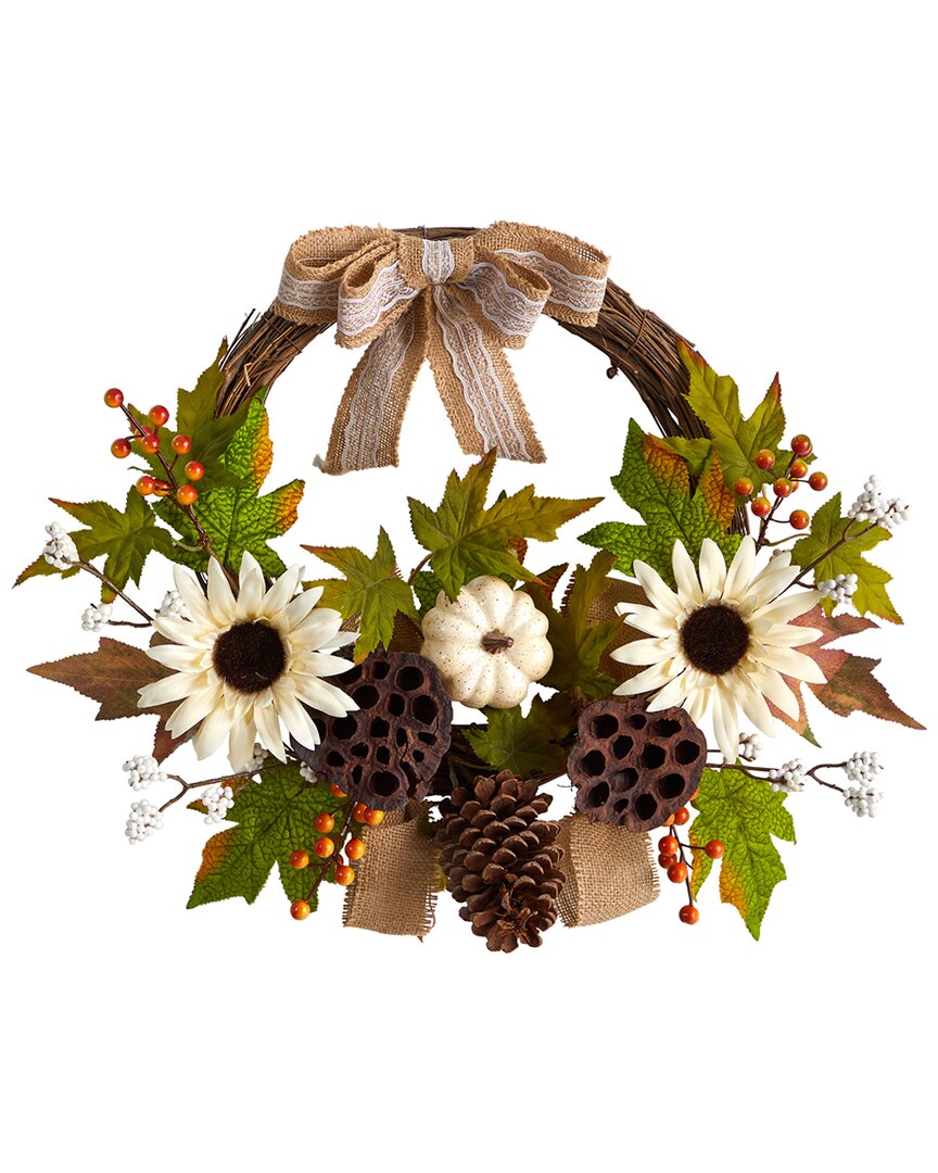Nearly Natural 20in. Autumn Sunflower, White Pumpkin & Dried Lotus Pod  Artificial Fall Wreath In Multi