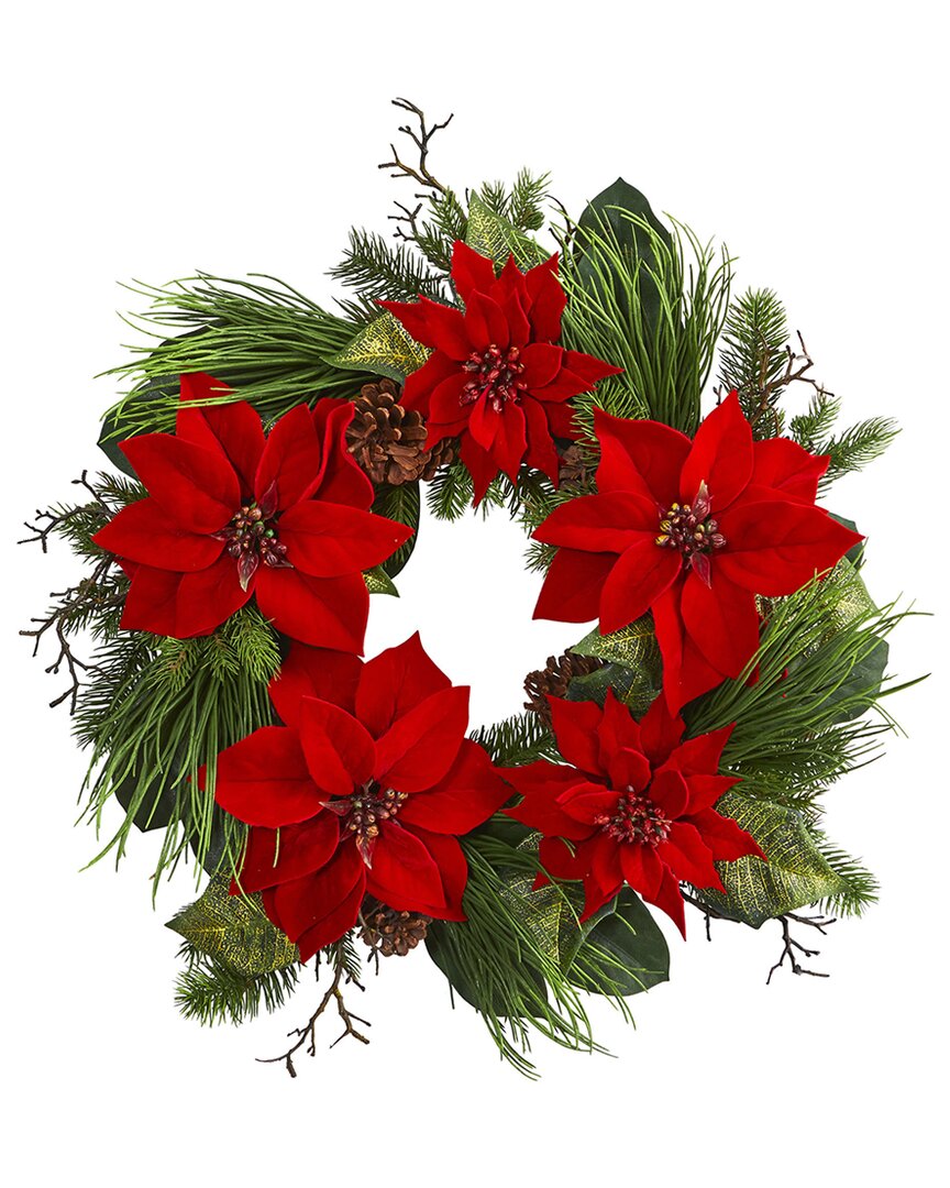 Nearly Natural 28in. Poinsettia & Pine Wreath In Red