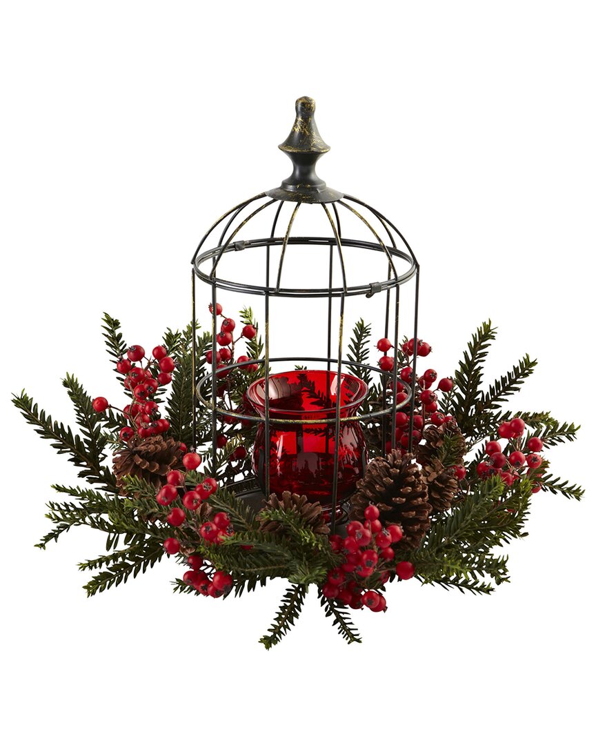 Nearly Natural Pine Berry Birdhouse Candelabrum In Red