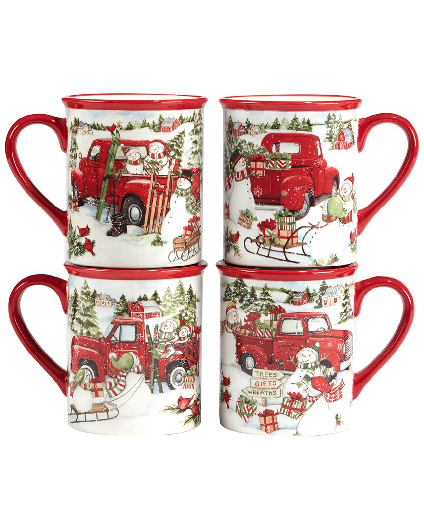 Shop Certified International Red Truck Snowman Set Of 4 Mugs In Multi