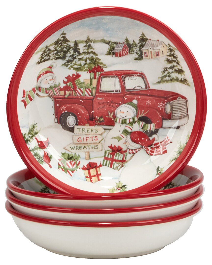 Certified International Red Truck Snowman Set Of 4 Soup Bowls In Multi