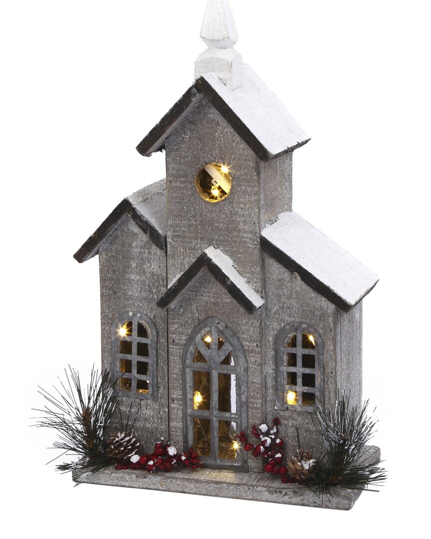 Gerson International 16in Lighted Wood House With Pine And Berry Accents In White