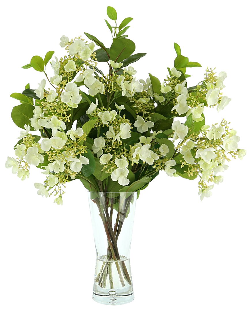 Creative Displays Viburnum Floral Arrangement In A Bubble Glass Vase With Fiscus Leaves In White