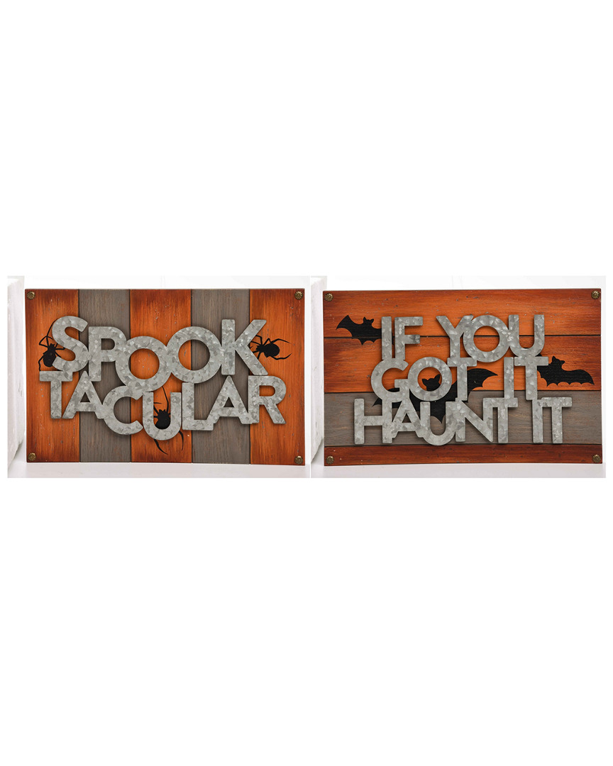 Transpac Set Of 2 Wood 16in Orange Halloween Spooky Dimensional Signs
