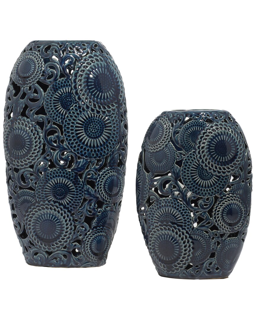 Peyton Lane Set Of 2 Eclectic Cylinder Blue Ceramic Vase