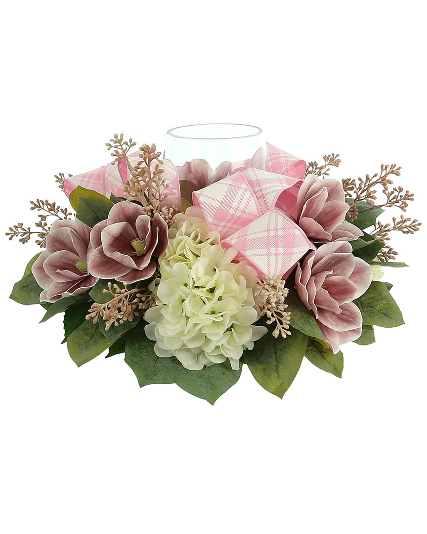 Creative Displays Hydrangea And Magnolia Glass Candle Holder Centerpiece With Bows In White