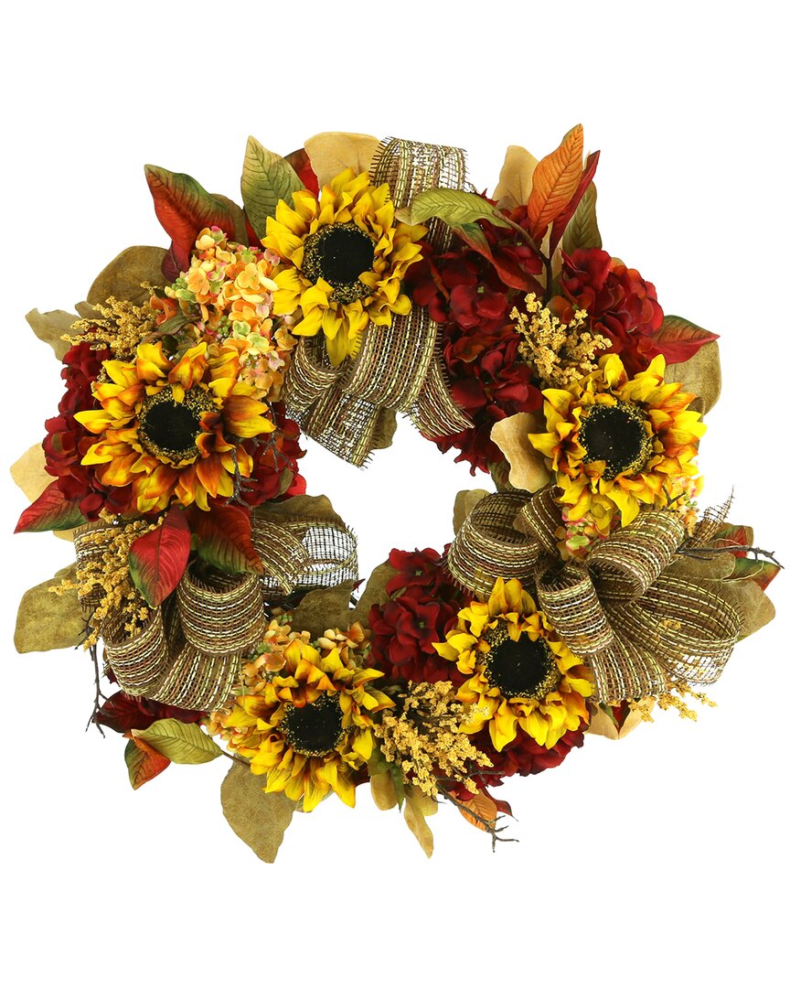 Creative Displays 25in Yellow Sunflower And Orange Hydrangea Fall Wreath With Bows In Yellow
