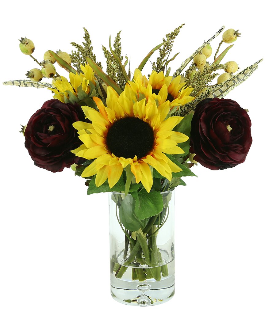 Creative Displays Sunflower And Ranunculus Fall Arrangement In A Glass Vase In Yellow