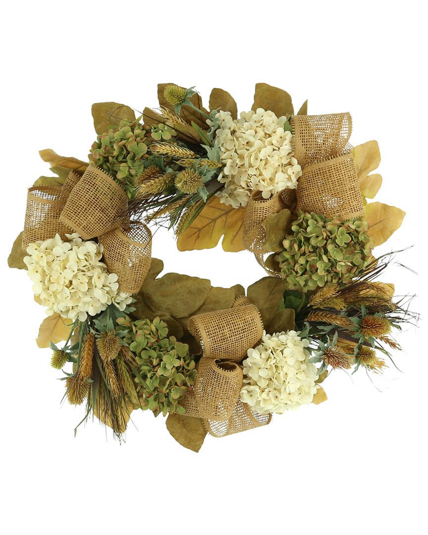 Creative Displays 28in Cream Hydrangea, Thistle And Wheat Fall Wreath With Burlap Bows