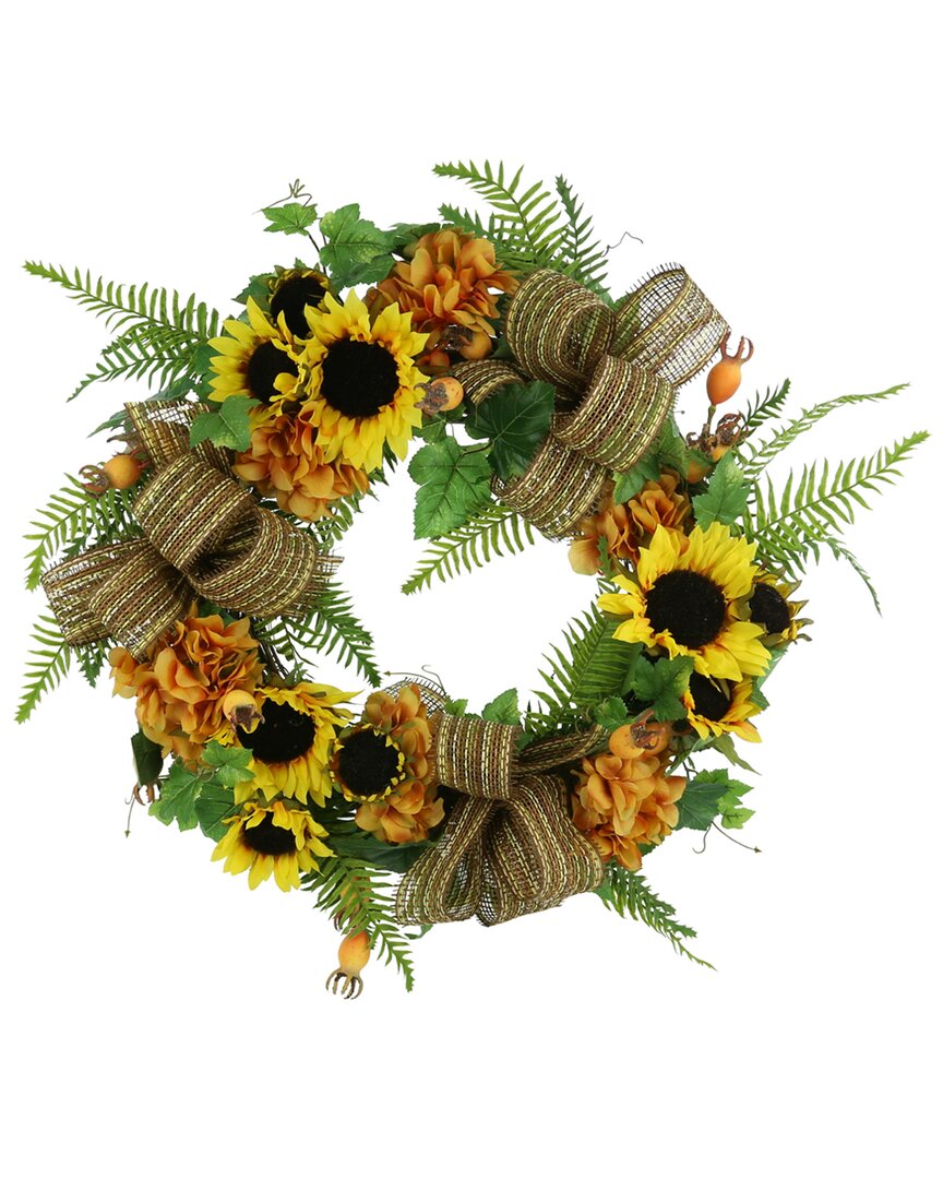 Creative Displays 26in Wreath Decorated With Sunflowers, Hydrangea And Bows In Yellow