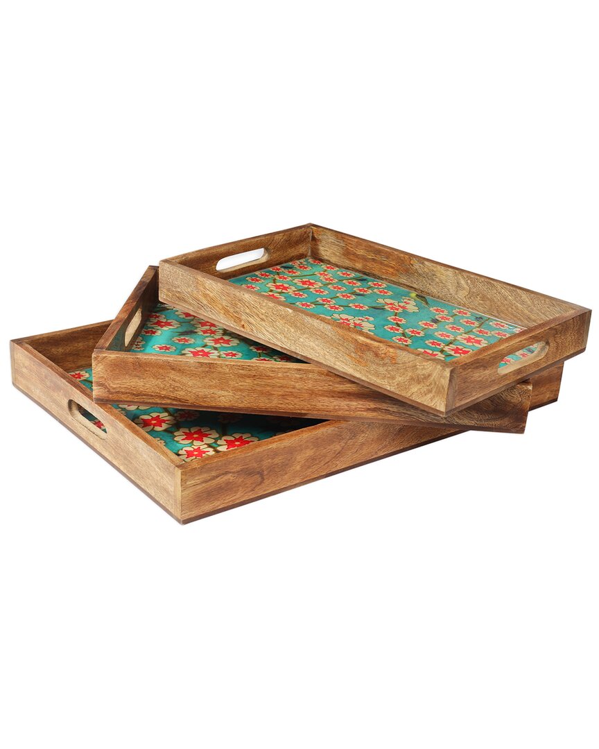 Tiramisu Blissful Blooms Resin And Wood Decorative Trays In Blue