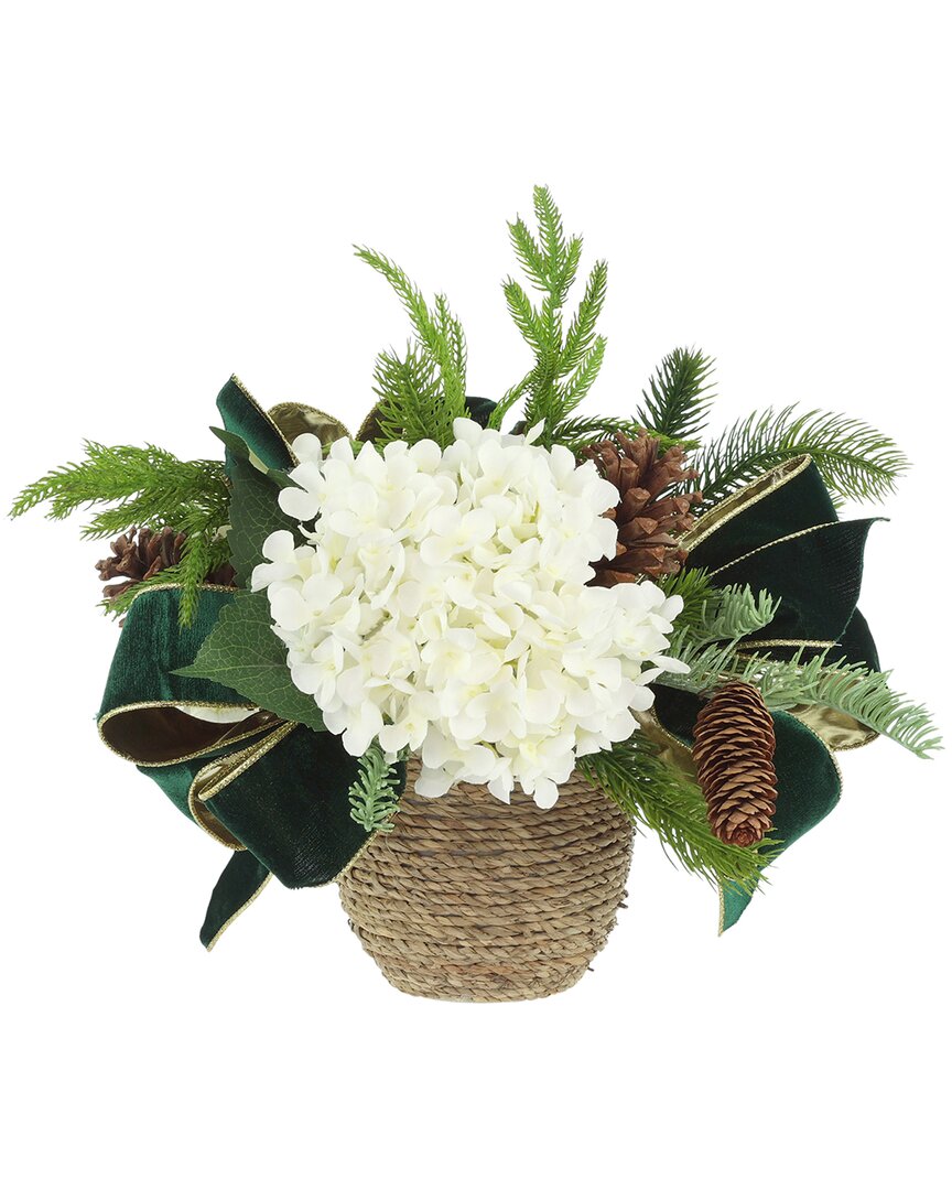 Creative Displays Christmas Holiday Arrangement With White Hydrangeas & Green Bows In White