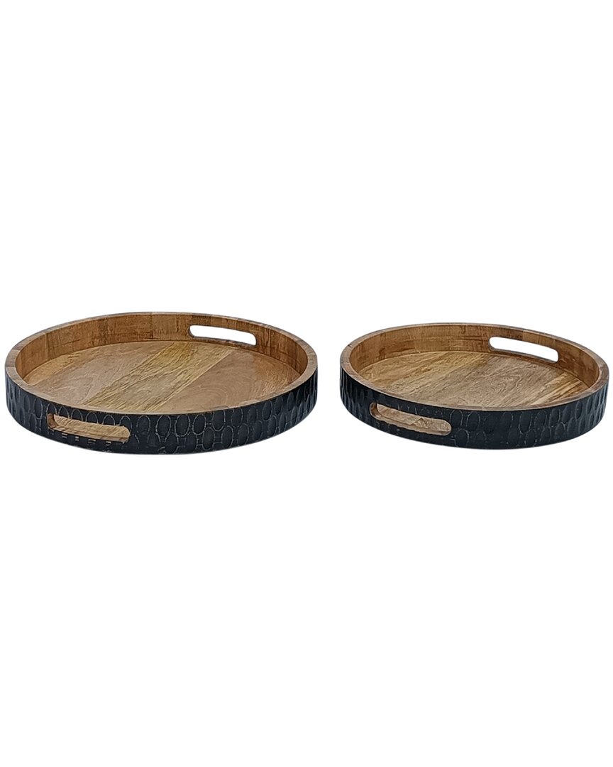 Bidkhome Set Of 2 Wooden Carved Round Trays In Black