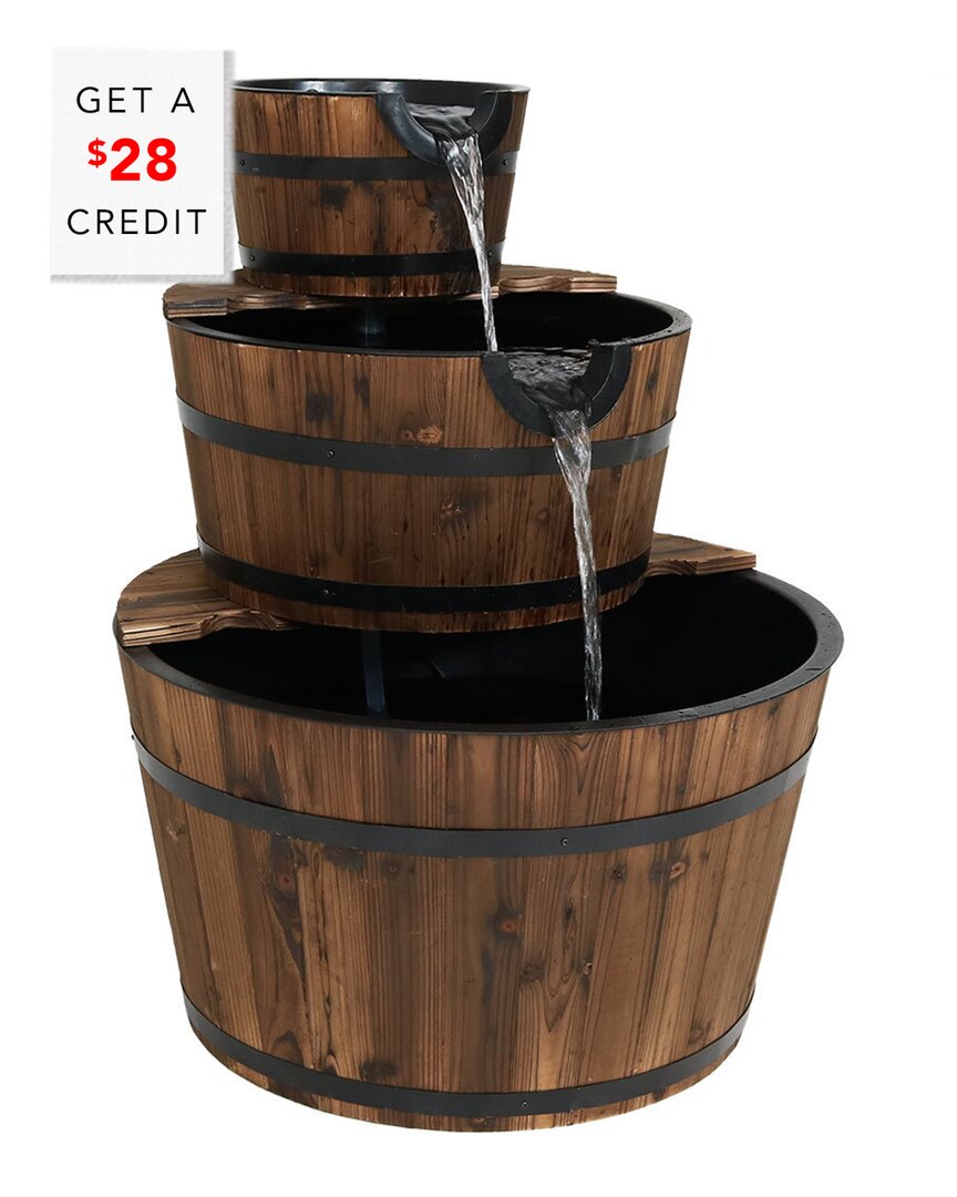 Sunnydaze 30"h Electric Wood Rustic Farmhouse Style 3-tier Barrel Outdoor Water Fountain In Brown