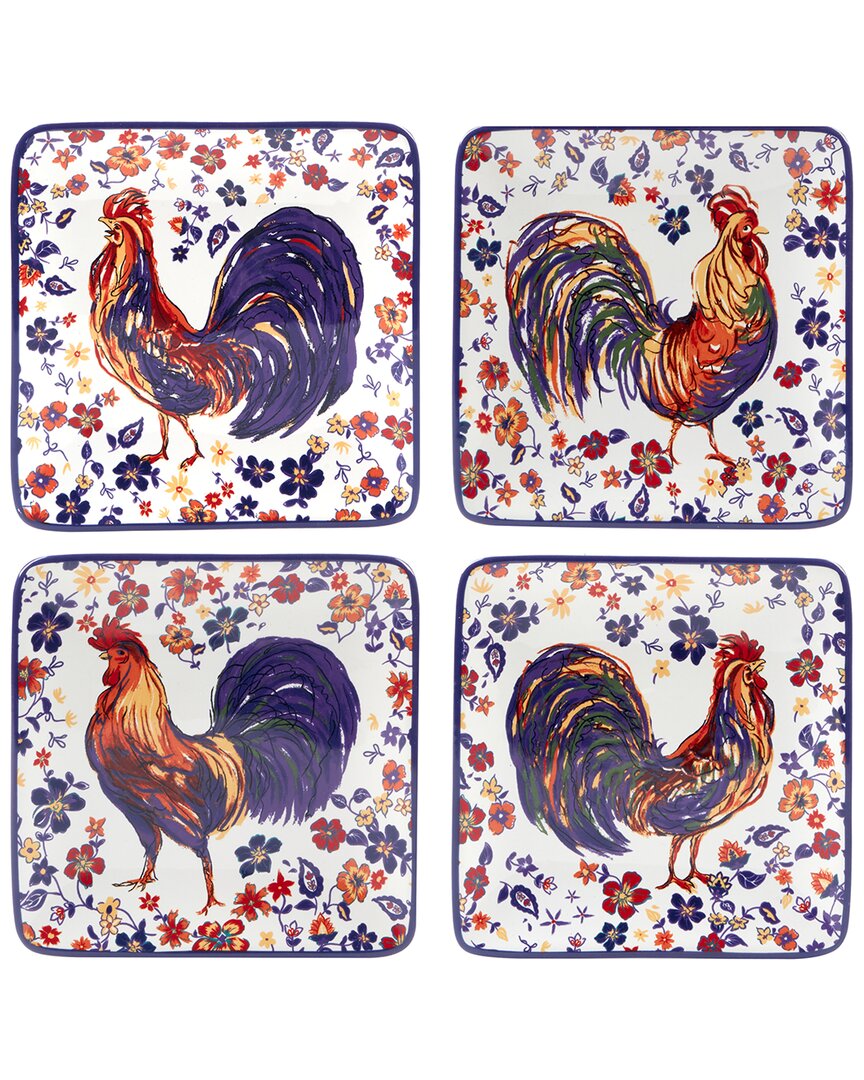 Certified International Morning Rooster Set Of 4 Canape Plates In Multi