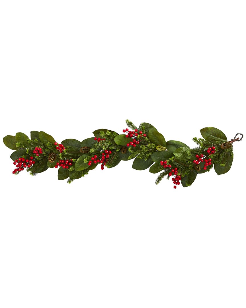 Nearly Natural 5ft. Magnolia Berry Pine Artificial Garland In Green
