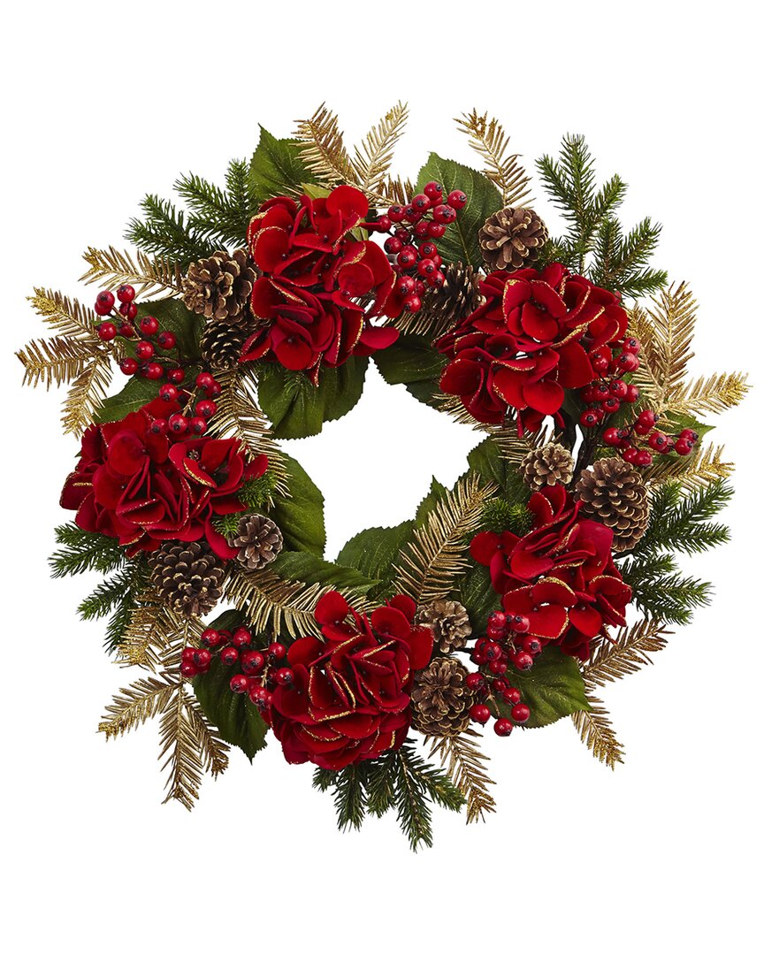 Nearly Natural 24in. Hydrangea Pine Wreath In Red