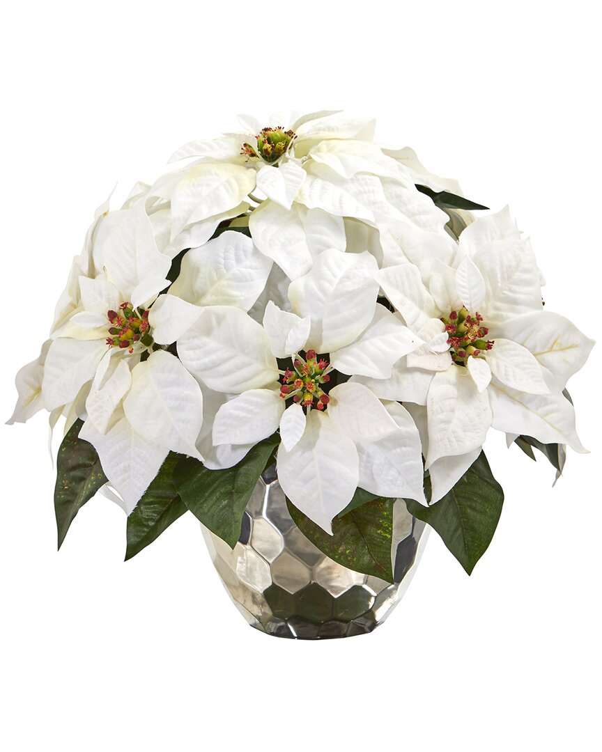 Nearly Natural 14in. Poinsettia Artificial Arrangement In Designer Silver Bowl In White