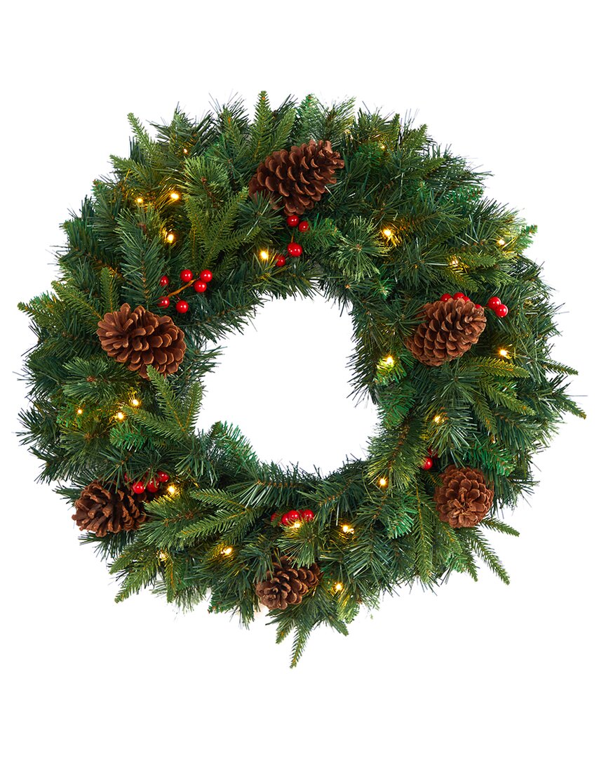 Nearly Natural 24in. Mixed Pine Artificial Christmas Wreath With 35 Clear Led Lights And Berries In Green