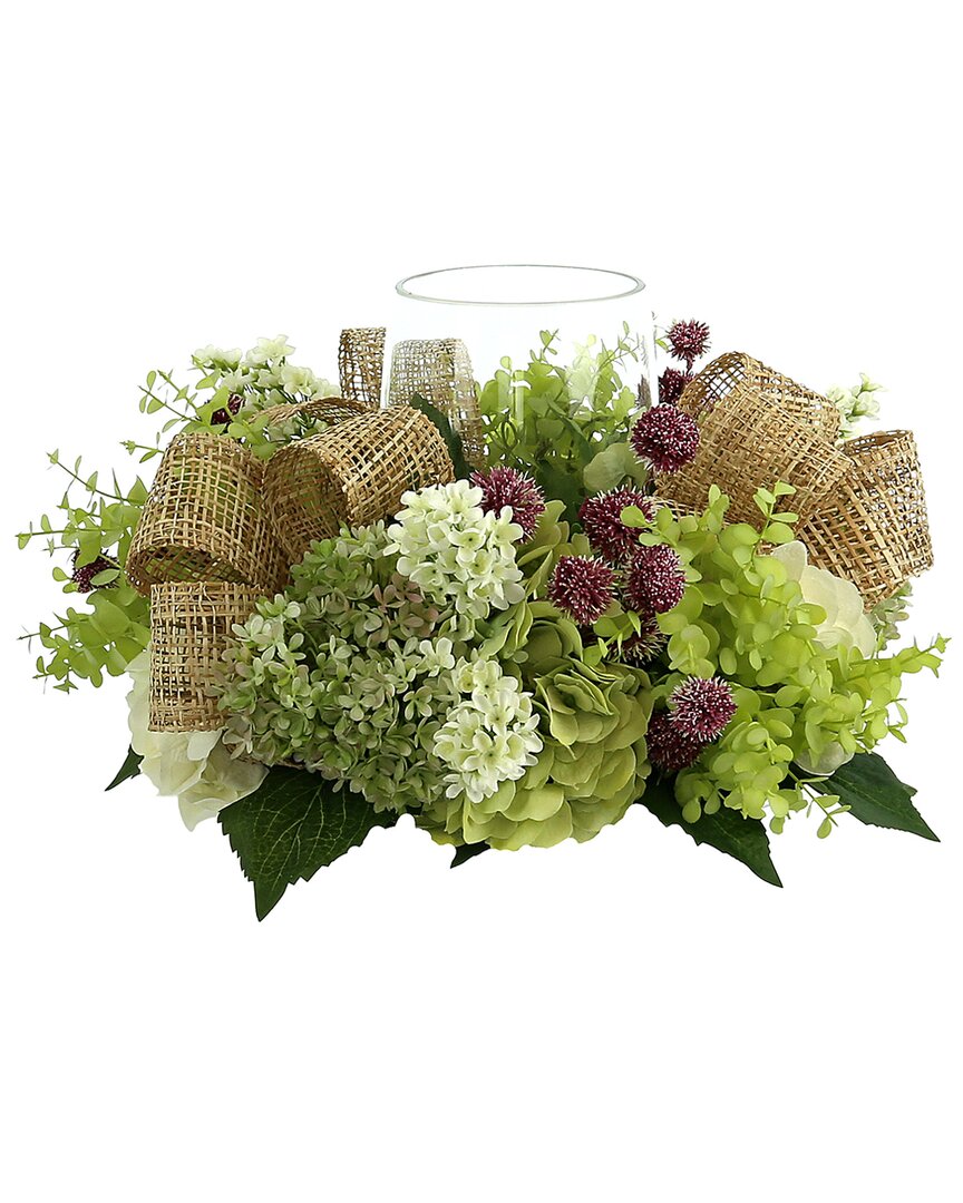 Creative Displays Hydrangea, Eucalyptus And Lilac Glass Candle Holder Centerpiece With Bows In White