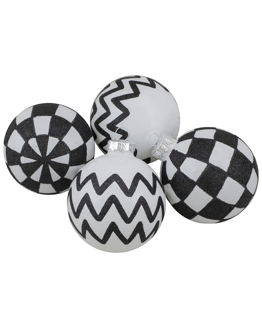 Northern Lights Northlight Set Of 4 Black And White Glass Ball Christmas Decoration 2.75-in(67mm) In Black