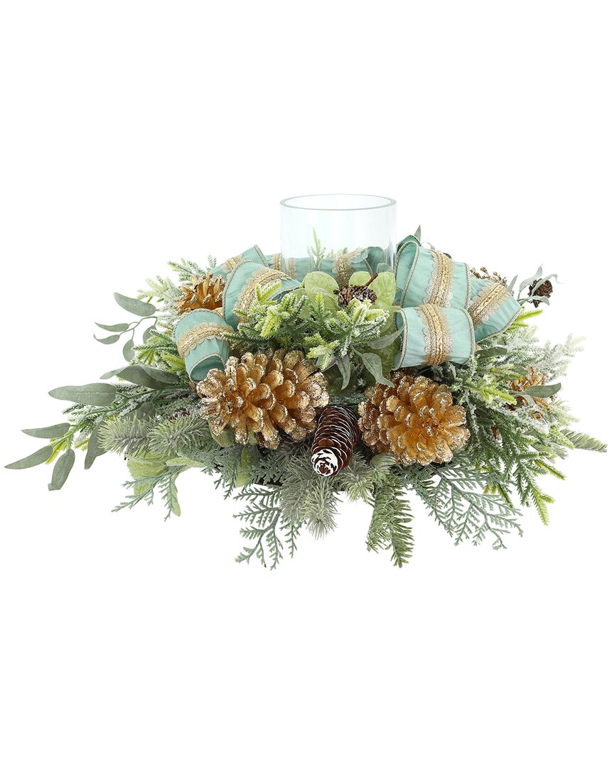 Creative Displays Christmas Candleholder Centerpiece With Sage & Gold Pinecones In Green