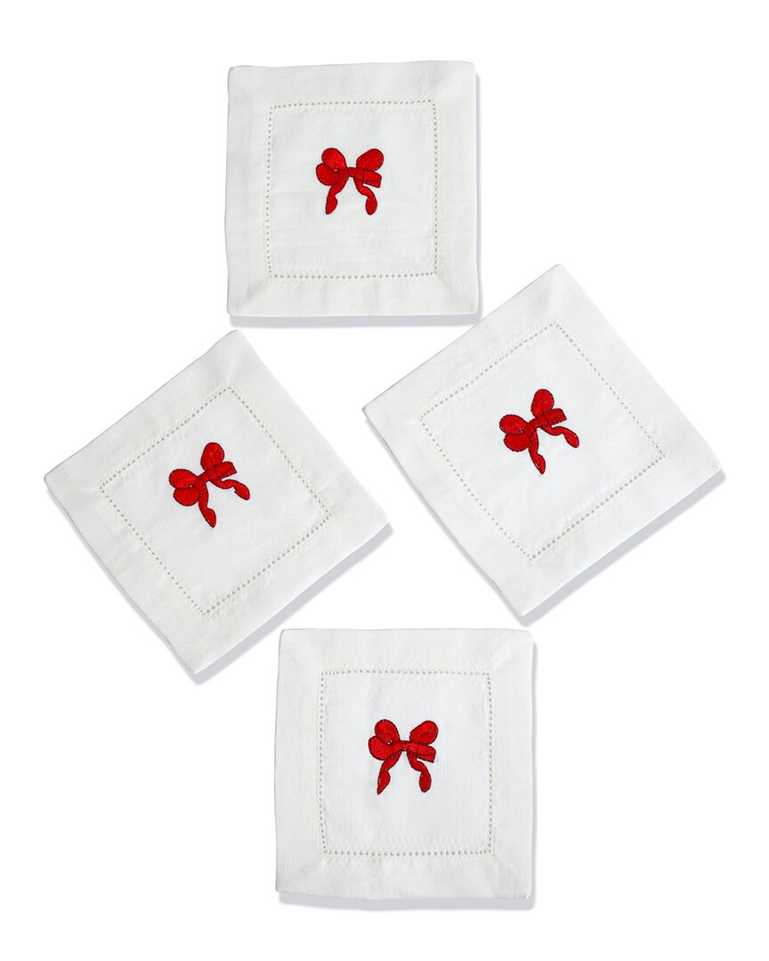 Tiramisu Set Of 4 Festive Red Bow Cocktail Napkins In Red
