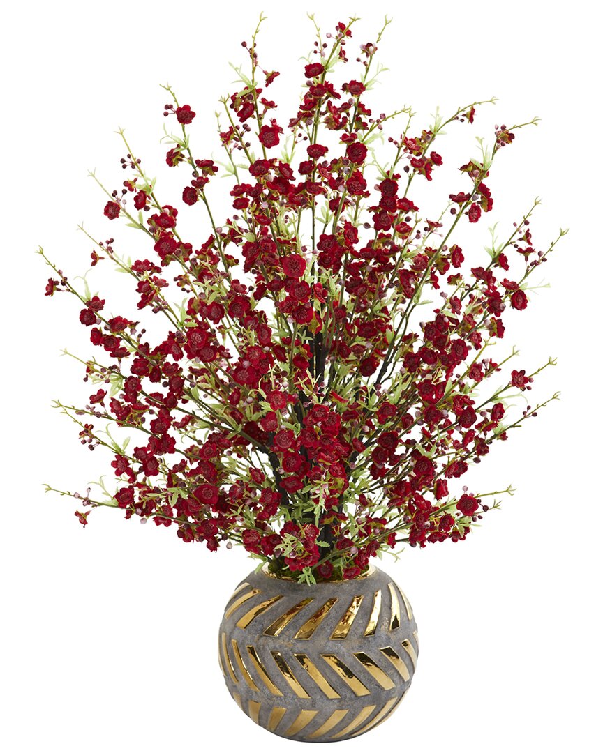 NEARLY NATURAL NEARLY NATURAL 30IN CHERRY BLOSSOM ARTIFICIAL ARRANGEMENT IN STONEWARE VASE  WITH GOLD TRIMMING 