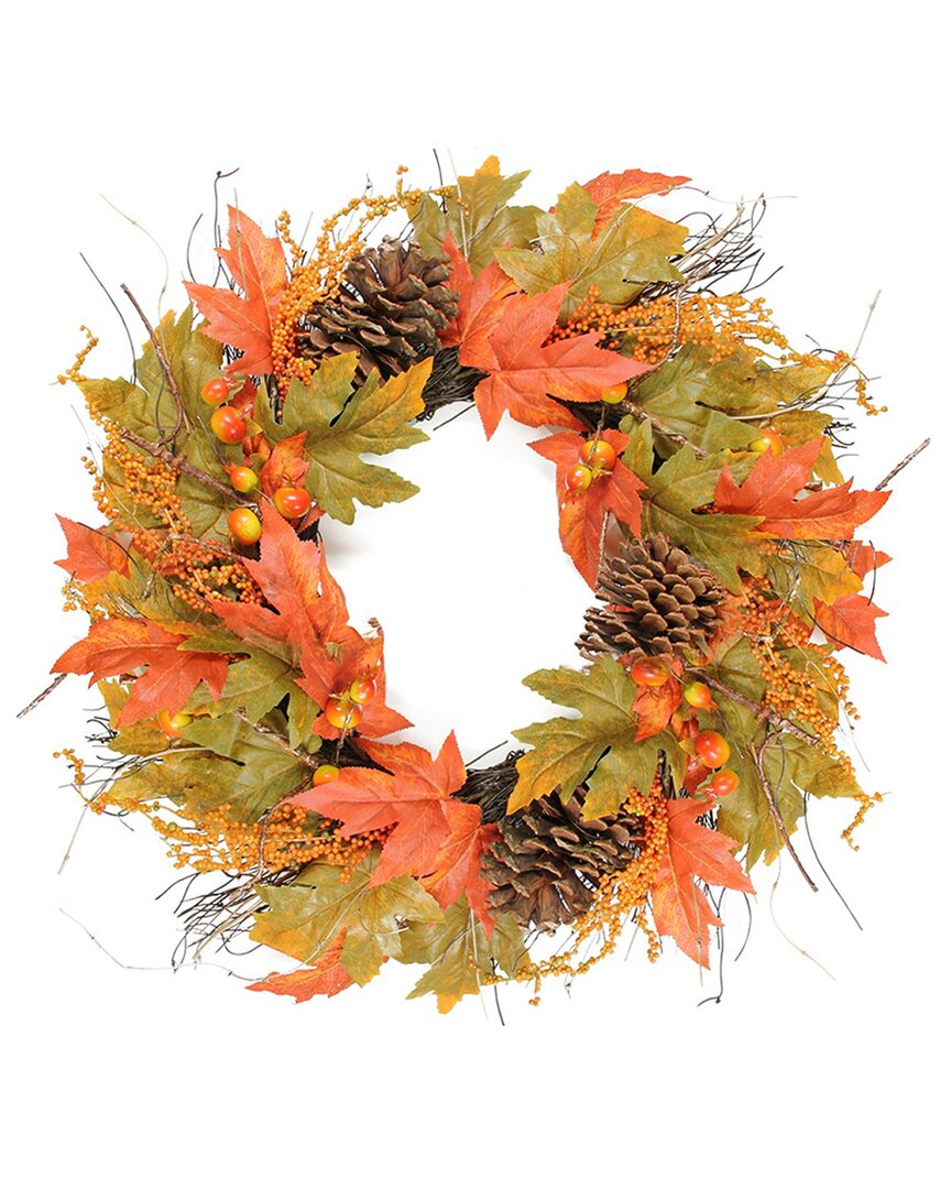 Northlight Fall Leaves And Pumpkins Artificial Thanksgiving Wreath 24-in Unlit In Green