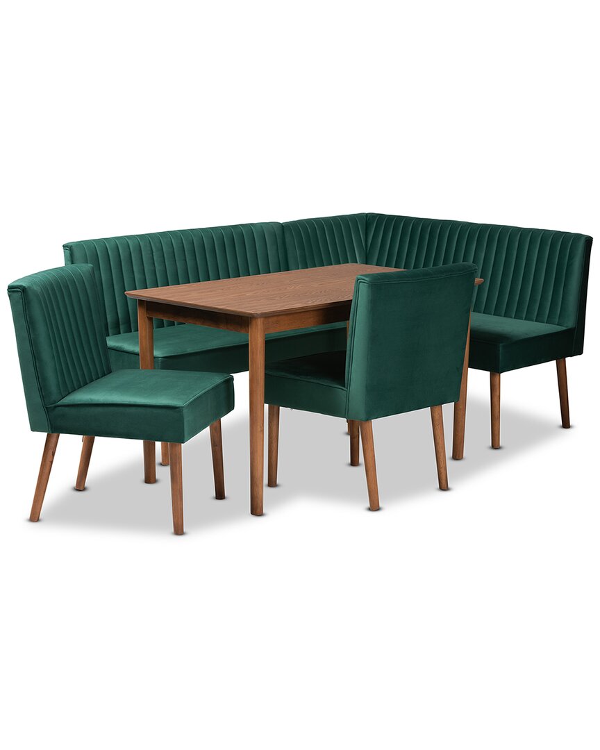 Baxton Studio Alvis Mid-century Modern Velvet Upholstered 5pc Dining Nook Set In Green