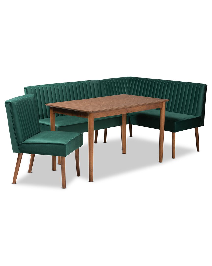 Baxton Studio Alvis Mid-century Modern Velvet Upholstered 4pc Dining Nook Set In Green