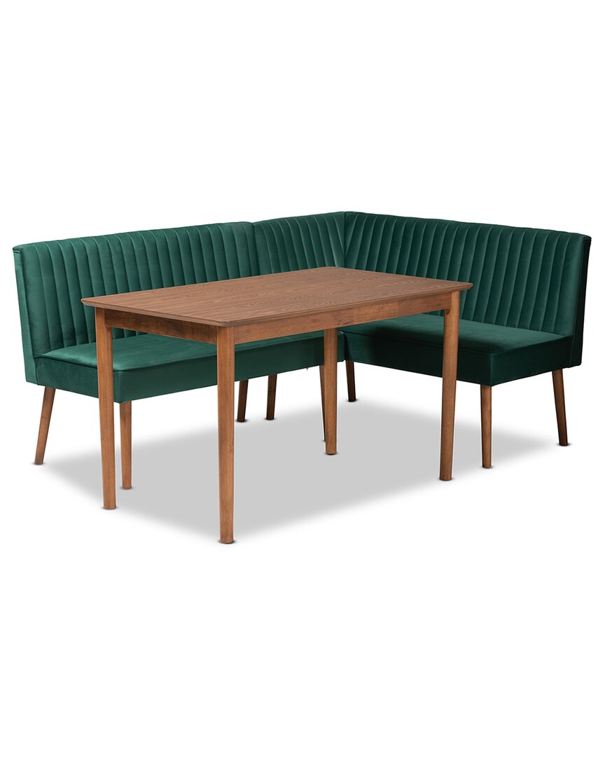 Baxton Studio Alvis Mid-century Modern Velvet Upholstered 3pc Dining Nook Set In Green