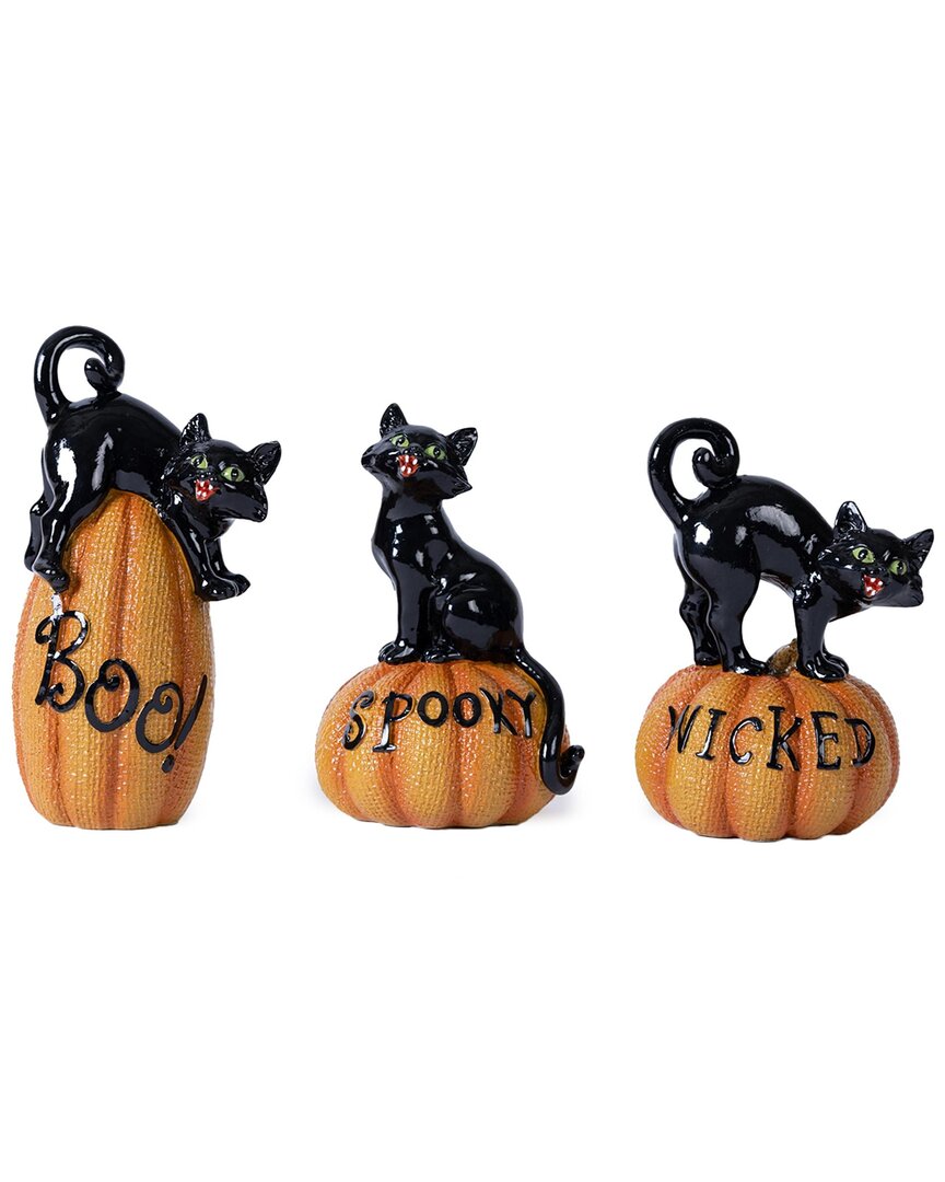 Melrose International Set Of 3 Black Cat On Pumpkin Figurine In Orange