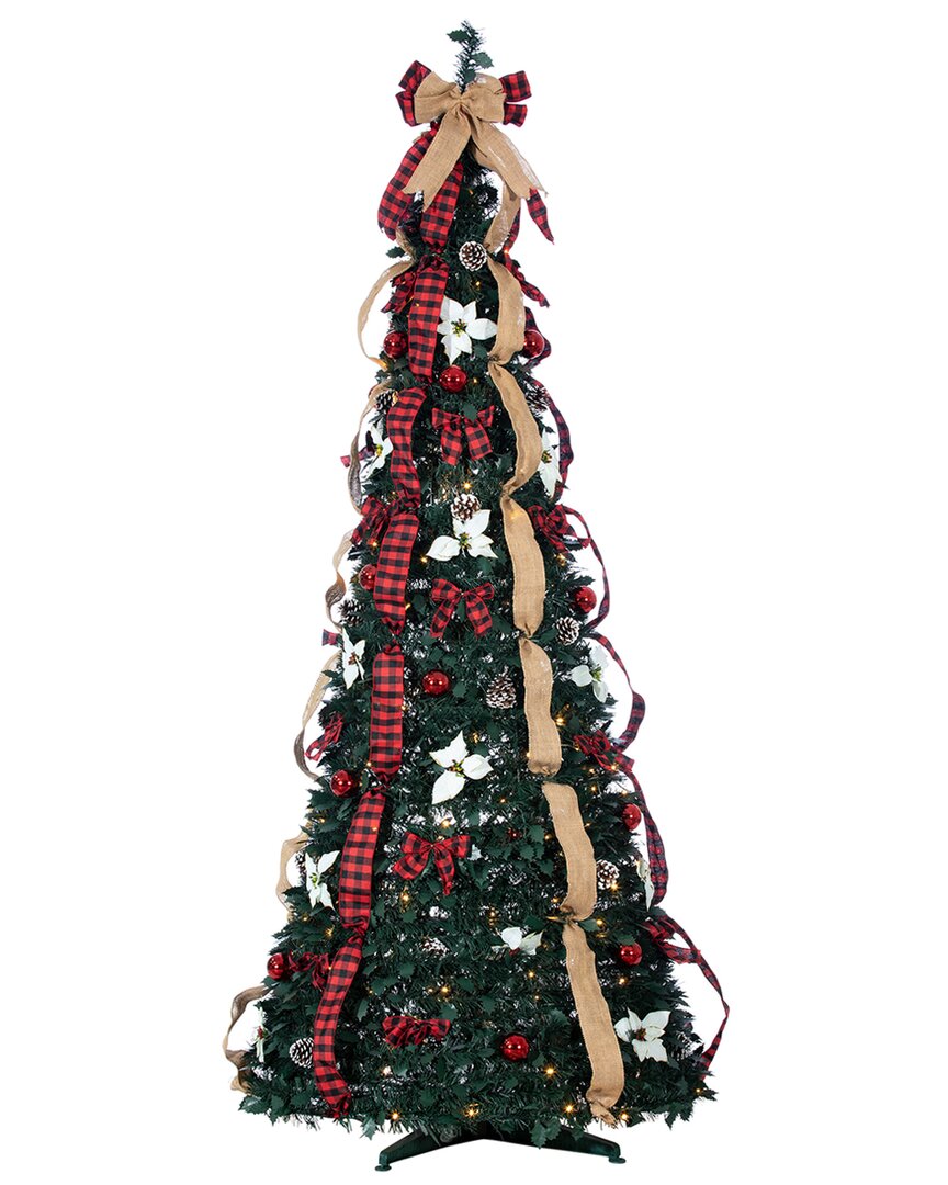 Sterling Tree Company 7.5ft High Pop Up Pre-lit Green Decorated Pine Tree With Warm White Lights