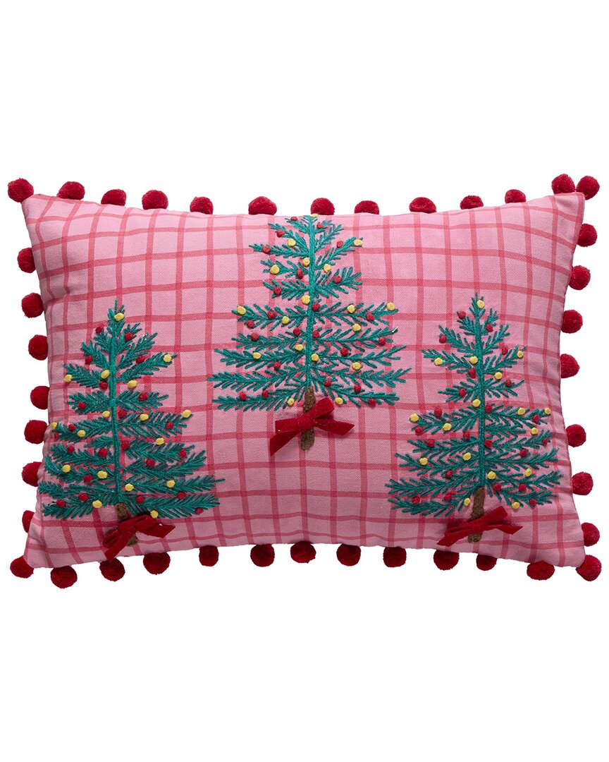 Peking Handicraft Plaid Trees With Poms Pillow In Multi