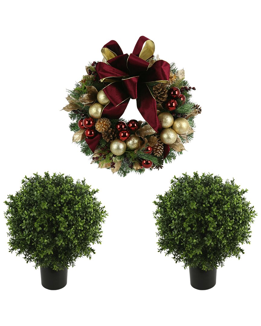 Creative Displays 26in Christmas Wreath & Set Of 2 Uv-rated Boxwood Topiary Drop-ins In Red