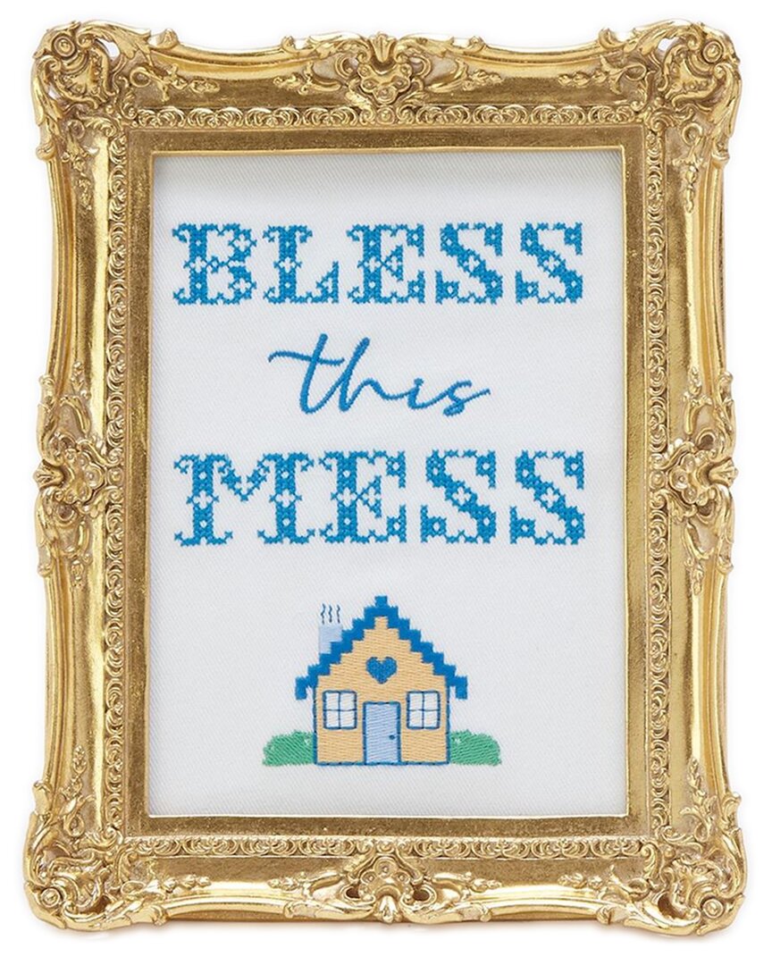 Two's Company Bless This Mess Embroidered Cross Stitch Framed Wall Art In Gold