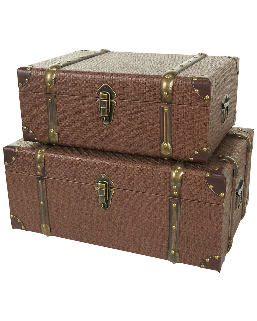 Peyton Lane Set Of 2 Antique Style Trunks With Brass Hardware & Leather Accents In Brown
